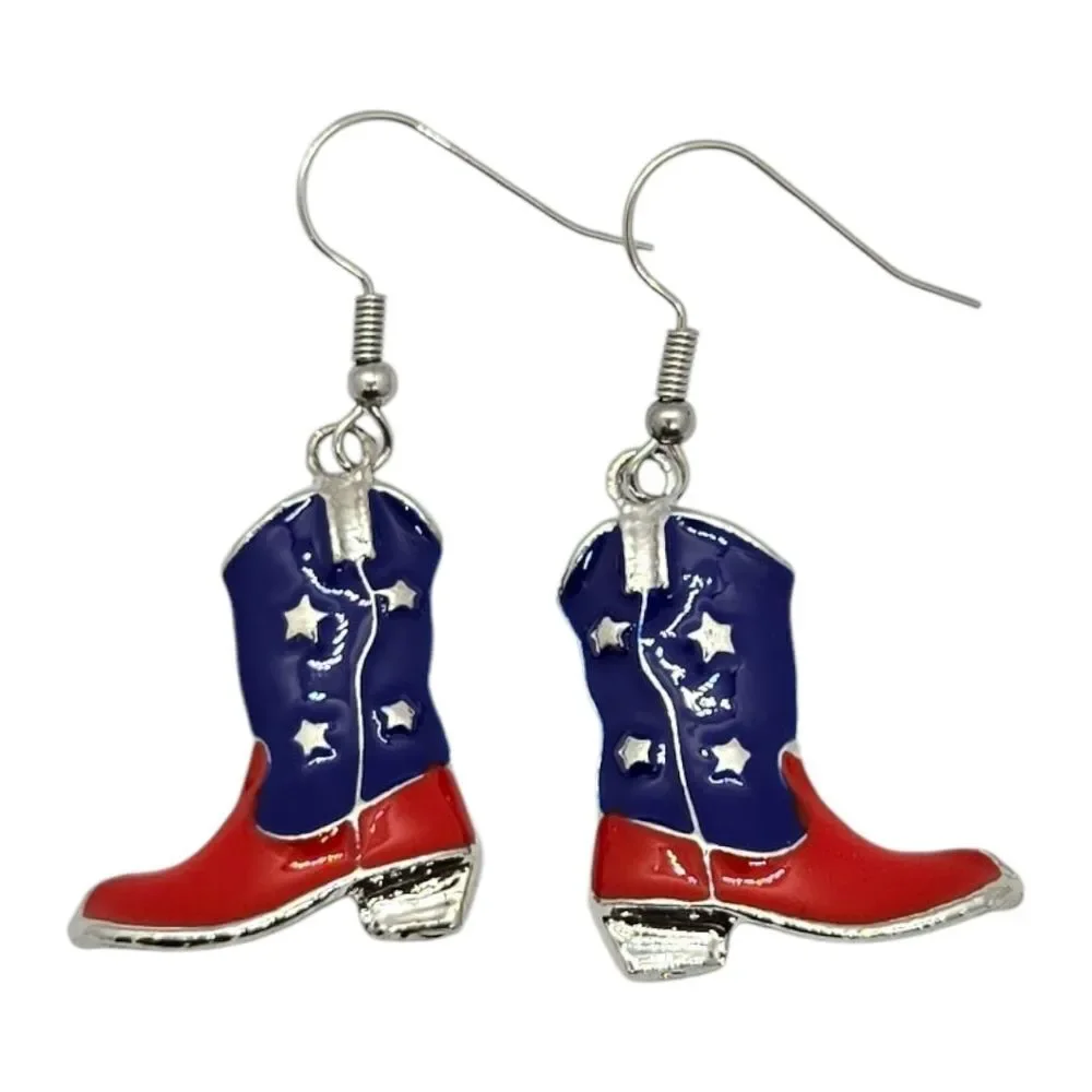 Cowboy Boot Earrings Red Blue Patriotic Cowgirl Americana Jewelry Western Dangle